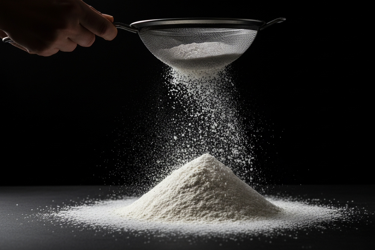 flour being sifted into a pile with a black background